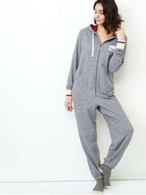 Roots Women's Gray Zip Front Hooded Onesie with Red Trim